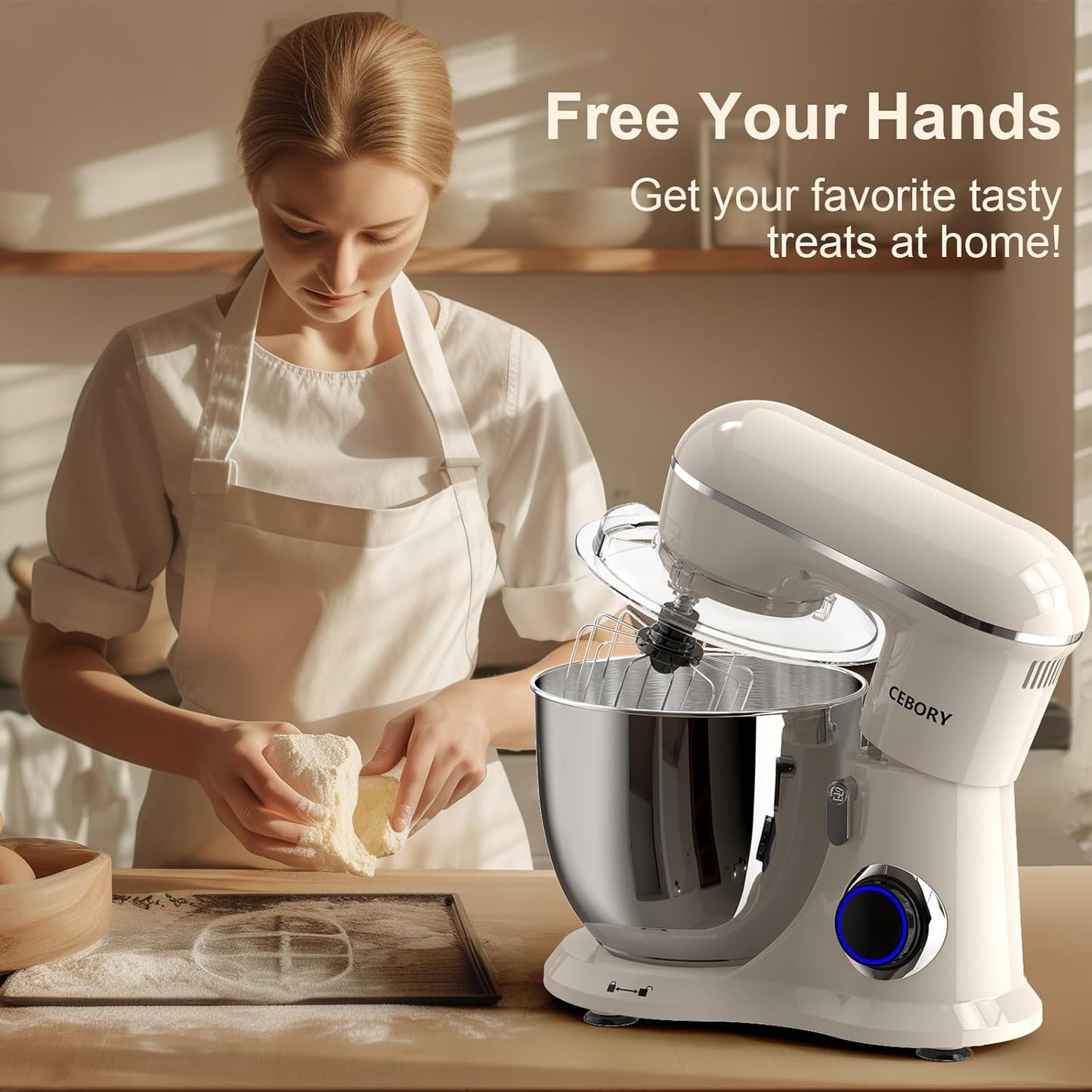 CEBORY 3-IN-1 Electric Stand Mixer, 6.5QT Bowl 660W 10-Speed Kitchen Mixer, Household Food Mixers include Dough Hook, Beater and Whisk, Bread Cake Mixer for Baking and Most Home Cooks, Pink