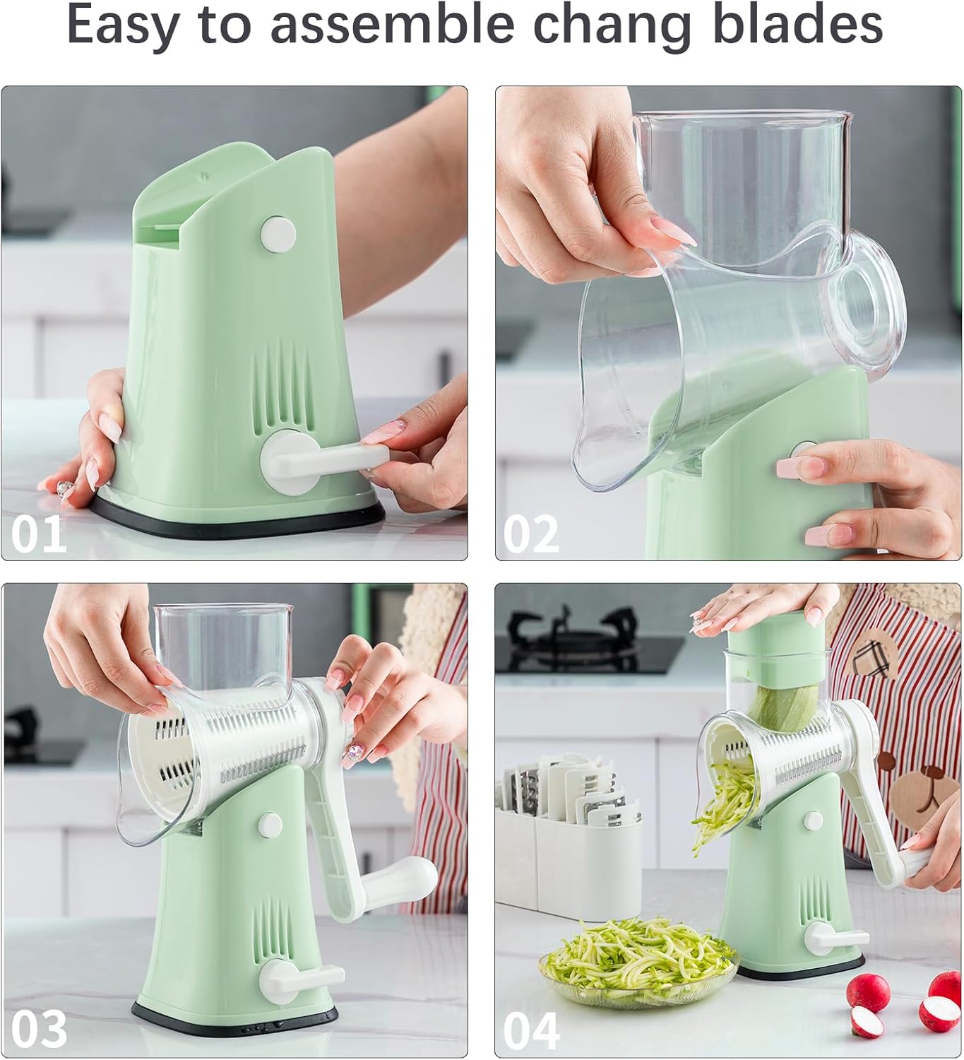 Rotary Cheese Grater, 5 in 1 Rotary Grater, Replaceable Stainless Blades Cheese Shredder, Cheese Slicer, Cheese Grater Hand Crank, Easy to Clean Kitchen Gadgets with Storage Box