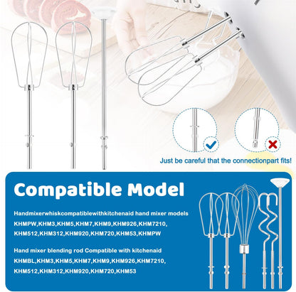 6 Pcs Hand Mixer Beater Attachments for KitchenAid Hand Mixers KHM3 KHM5 KHM7 KHM9, Stainless Steel Hand Mixer Beaters, Whisk, Blending Rod and Dough Hooks