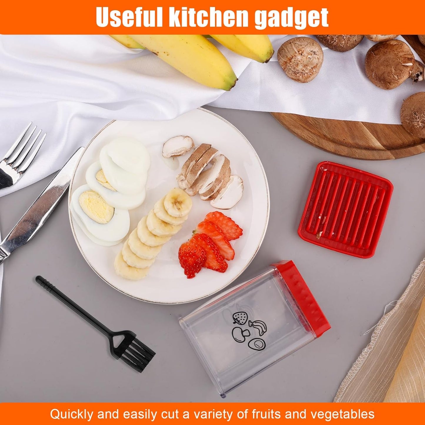 Cup Slicer Fruit, Fast Stainless Steel Vegetable Slicer Portable Strawberry Cutter with Cleaning Brush Handheld Slicing Tool Kitchen Cutting Gadget for Banana Egg Salad