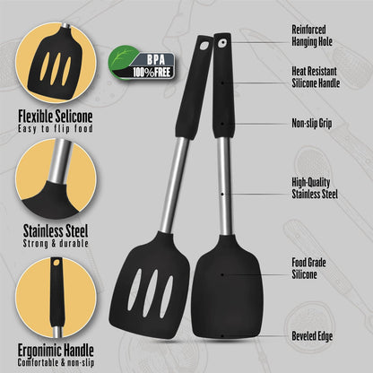 Silicone Spatula Set (2-Pc) - 600°F Heat Resistant, BPA Free, Non-Scratch, Dishwasher Safe I Slotted & Solid Kitchen Spatula Turners I Ideal for Eggs, Pancakes, Fish I Stainless Steel I Gray