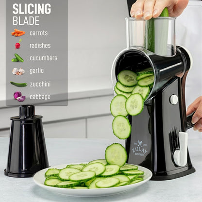 Zulay Kitchen Rotary Cheese Grater 5 Blade Cheese Shredder - Manual Hand Crank Cheese Grater With Reinforced Suction & 5 Interchangeable Drums - Easy to Use, Vegetable Chopper Round Mandoline Slicer - Colors A