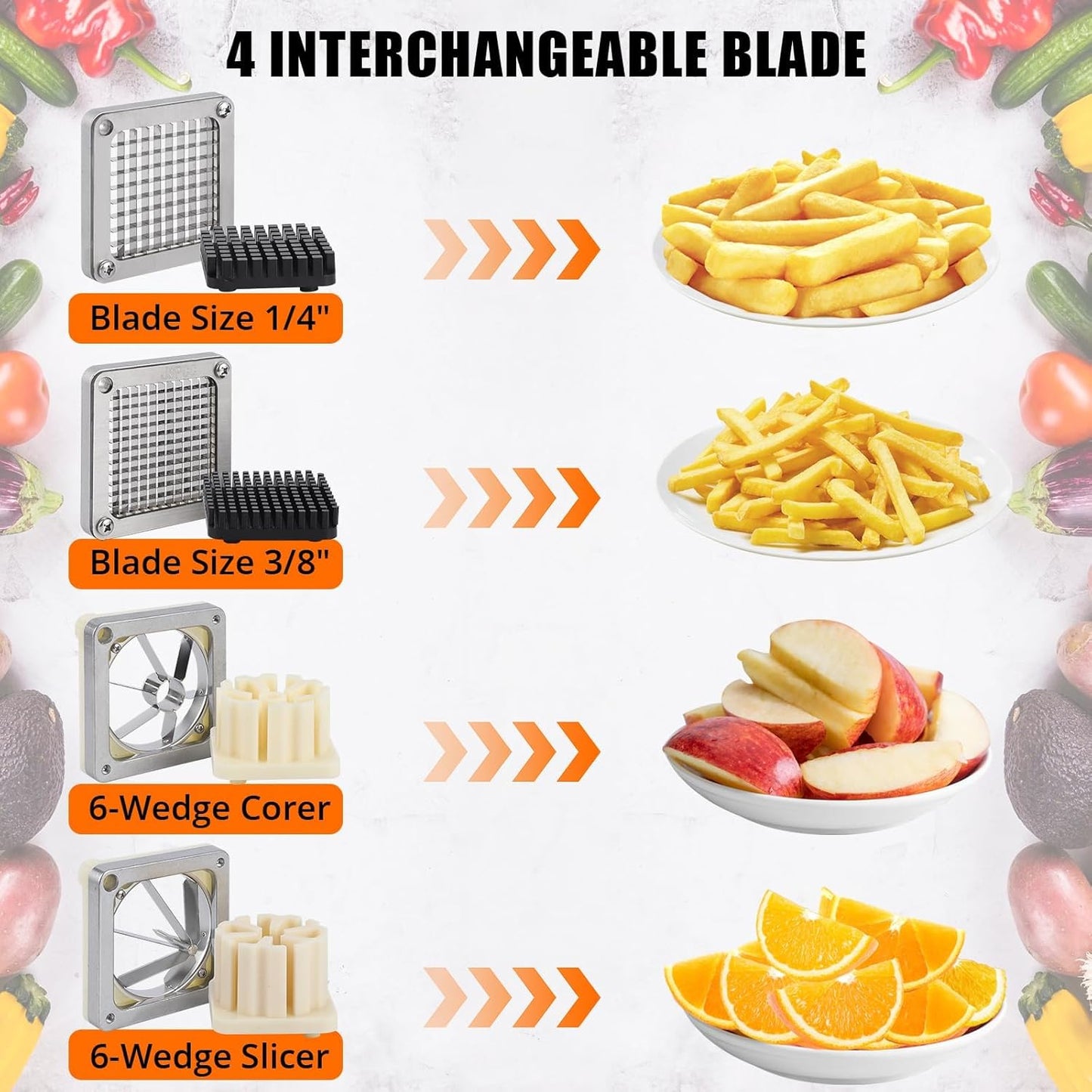 Commercial French Fry Cutter, Mandoline Slicer with 4 Replacement Blades/Extended Handle, 1/4" and 3/8" Blade, 6-wedge Slicer and 6-wedge Apple Corer, Cutter for French Fries Potato Lemon