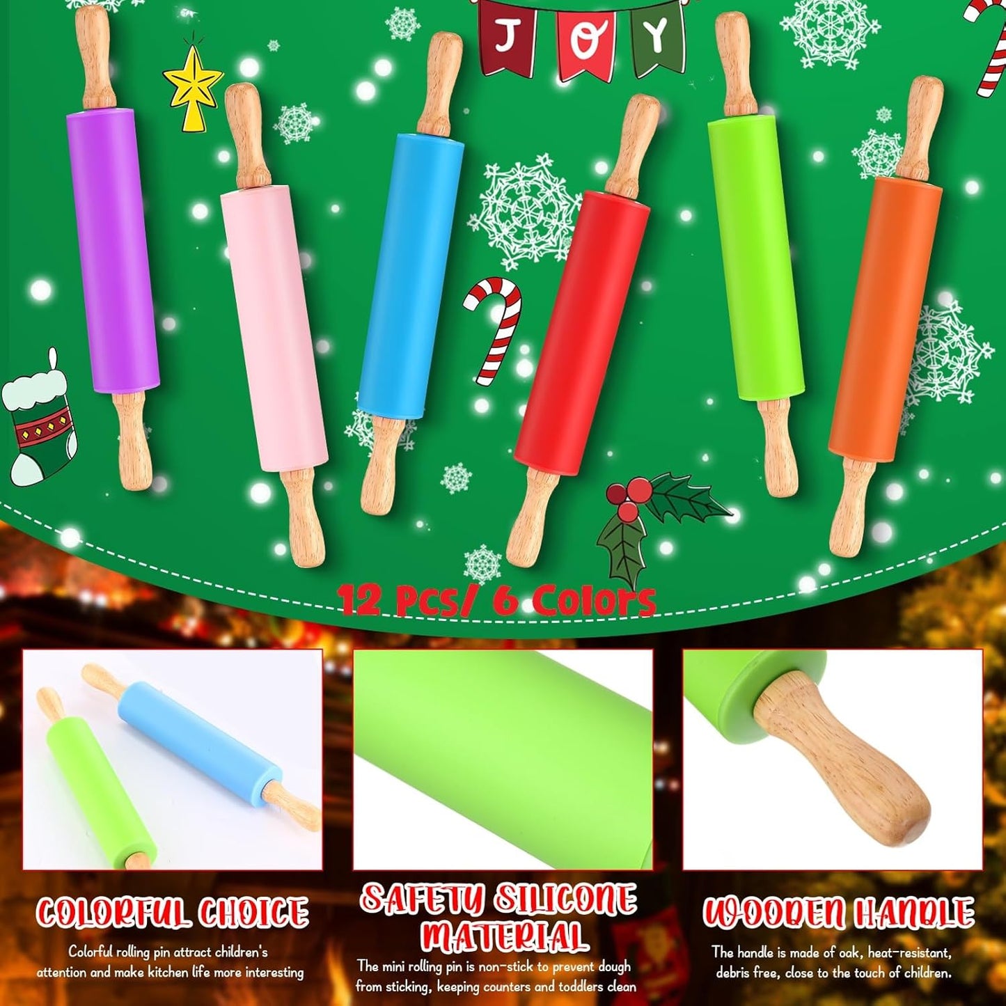 Dandat 6 Pcs Small Rolling Pin Kids 12 Inch Mini Silicone Rolling Pin for Baking Non Stick Kids Dough Roller with Wooden Handle for Kitchen Cookie Pastry Fondant Cake 6 Colors