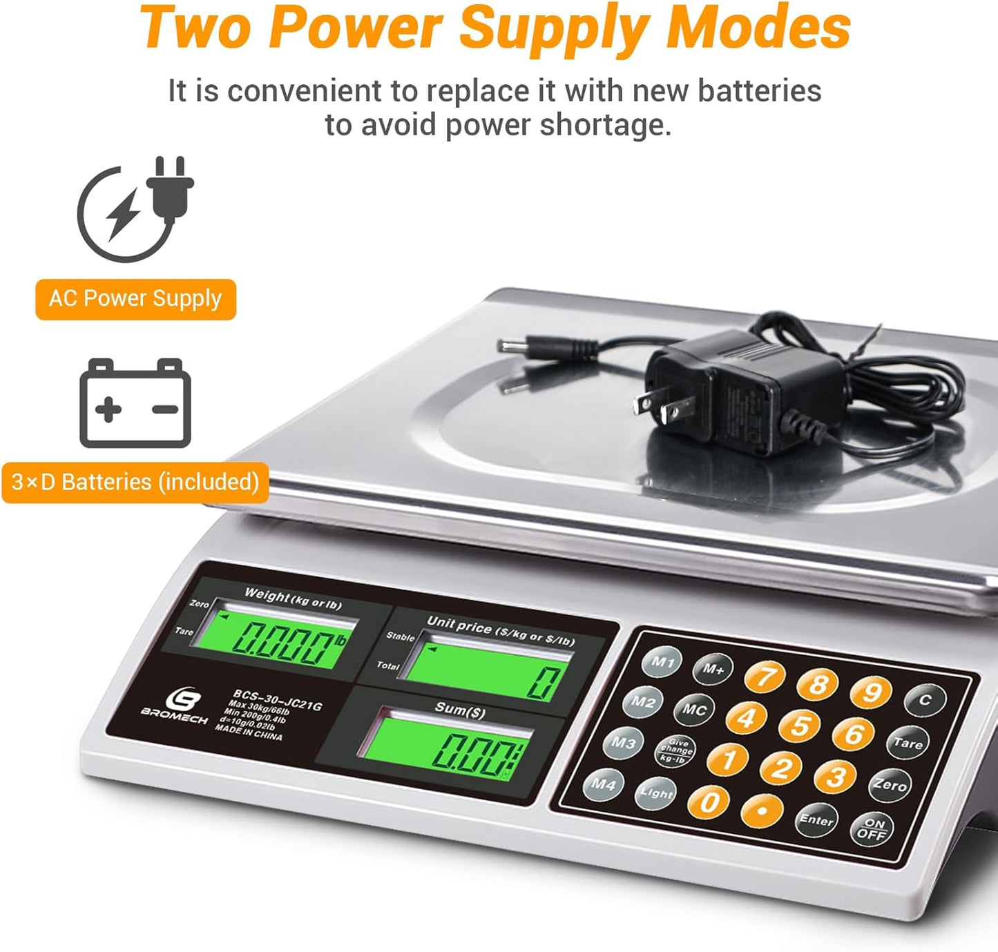 Commercial Food Scale 66lb/30kg, High Precision Digital Price Computing Scale for Farmers Marke, Deli, Dual Backlit LCD Display, Stainless Steel Platform, Rechargeable Battery for Produce Meat
