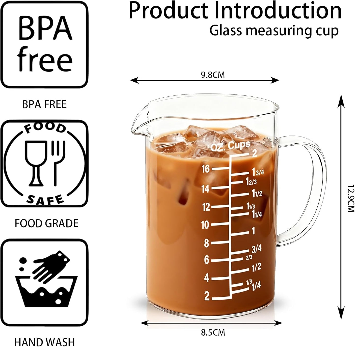 500ml/2 Cup Glass Measuring Cup,Borosilicate Glass Measuring Pitcher for Baking,Cooking,Restaurant