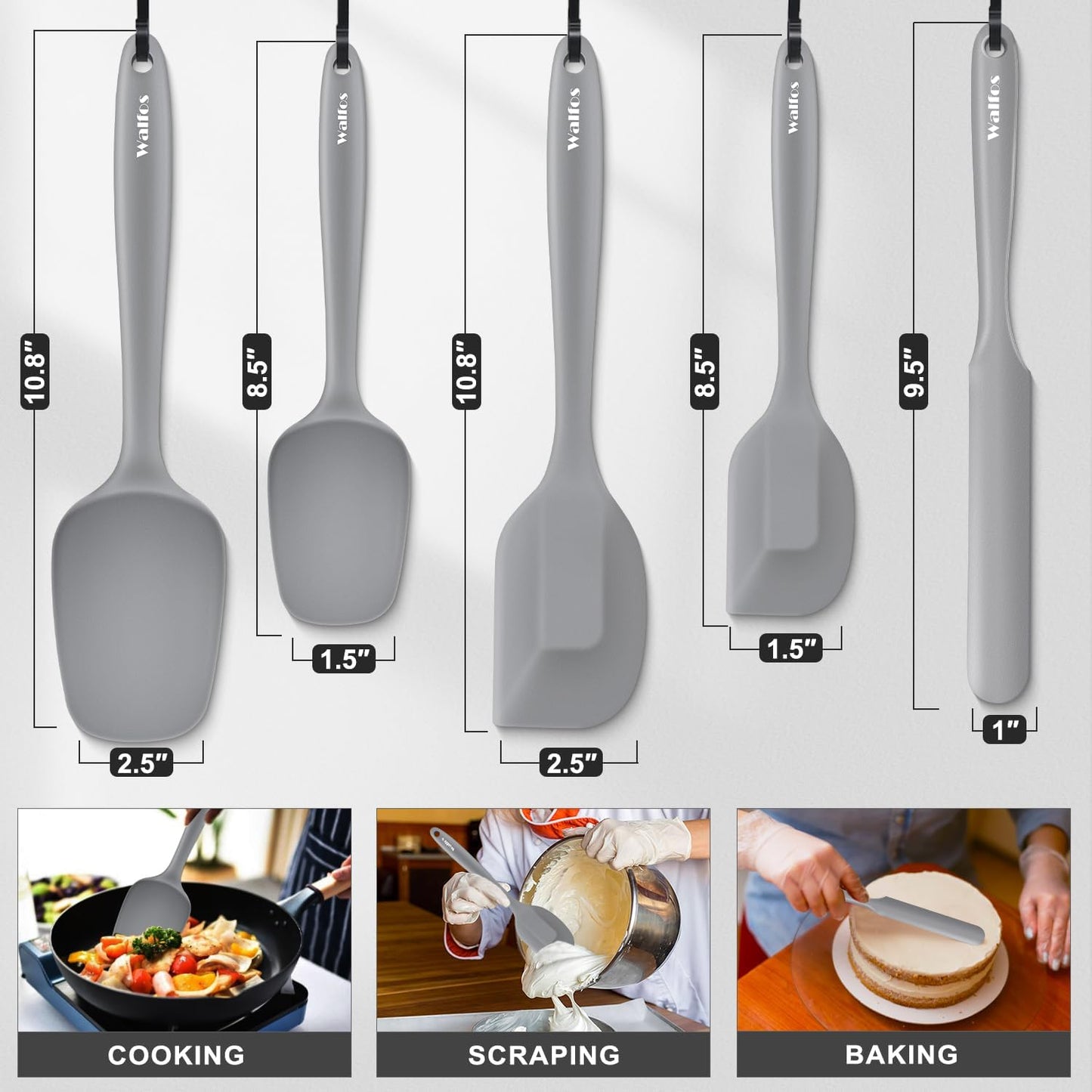 Walfos Silicone Spatula Set of 5 - (600°F) High Heat Resistant Kitchen Scraper Spatulas, One-Pieces Seamless Design, Perfect for Cooking Mixing & Baking - BPA Free and Dishwasher Safe,black