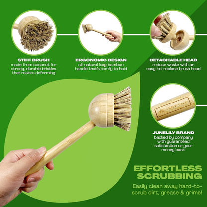 JuneLily Long Coconut Dish Brush Plant-Based Vegan for Kitchen Bathroom Cleaning Produce Washing Dishes (Long Dish Brush & Coconut Brush Head)