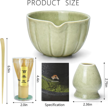 Artcome 4 Pcs Japanese Matcha Tea Set - Matcha Bowl with Pouring Spout, Matcha Whisk, Tea Scoop, Whisk Holder, Handmade Matcha Ceremony Kit For Japanese Tea Ceremony, Rose