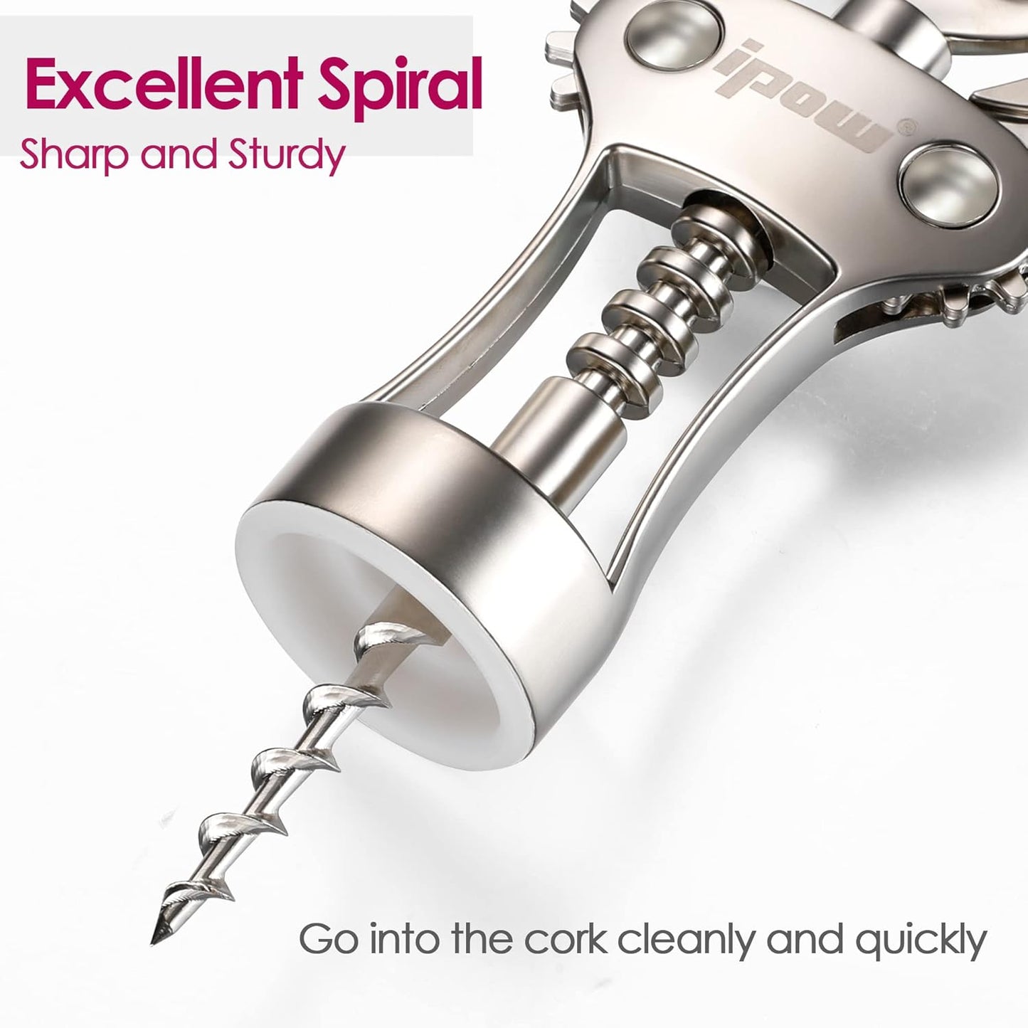 IPOW Wine Opener, Zinc Alloy Wine Bottle Opener, Wing Corkscrew Heavy Duty, Manual Multifunctional Cork Screw for Waiter, Silver