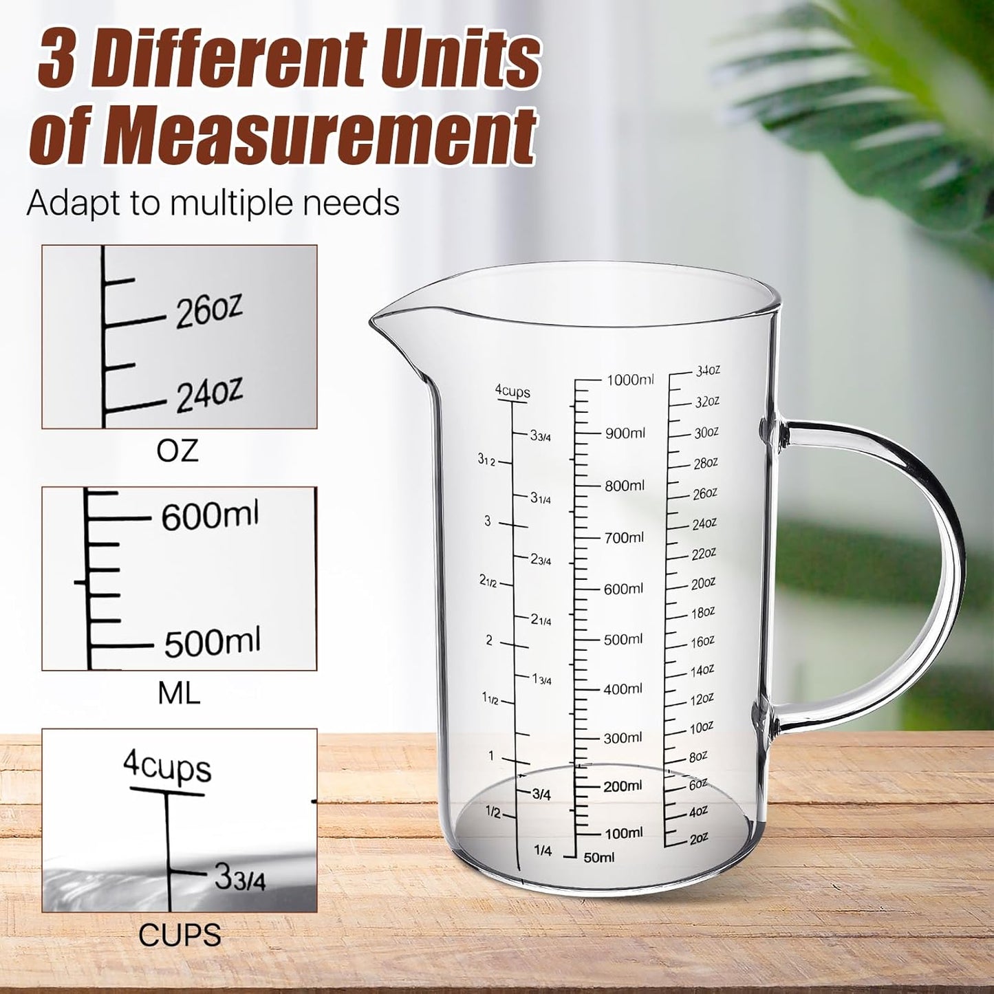 3 Pack Glass Measuring Cups,1-Cup,2-Cup,4-Cup Measuring Jugs with Handle &V Shaped Spout,3 Scales(Oz,Cup,Ml) High Borosilicate Glass Measuring Cup for Liquid Kitchen-Microwave Freezer Safe