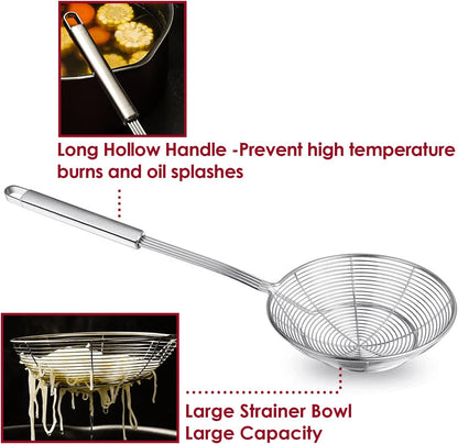 KEISSCO Stainless Steel Spider Strainer Skimmer Spoon For Frying and Cooking - Set of 3 Solid Wire Asian Strainer Ladle Pasta Strainer with Long Handle, Professional Kitchen Skimmer Ladle