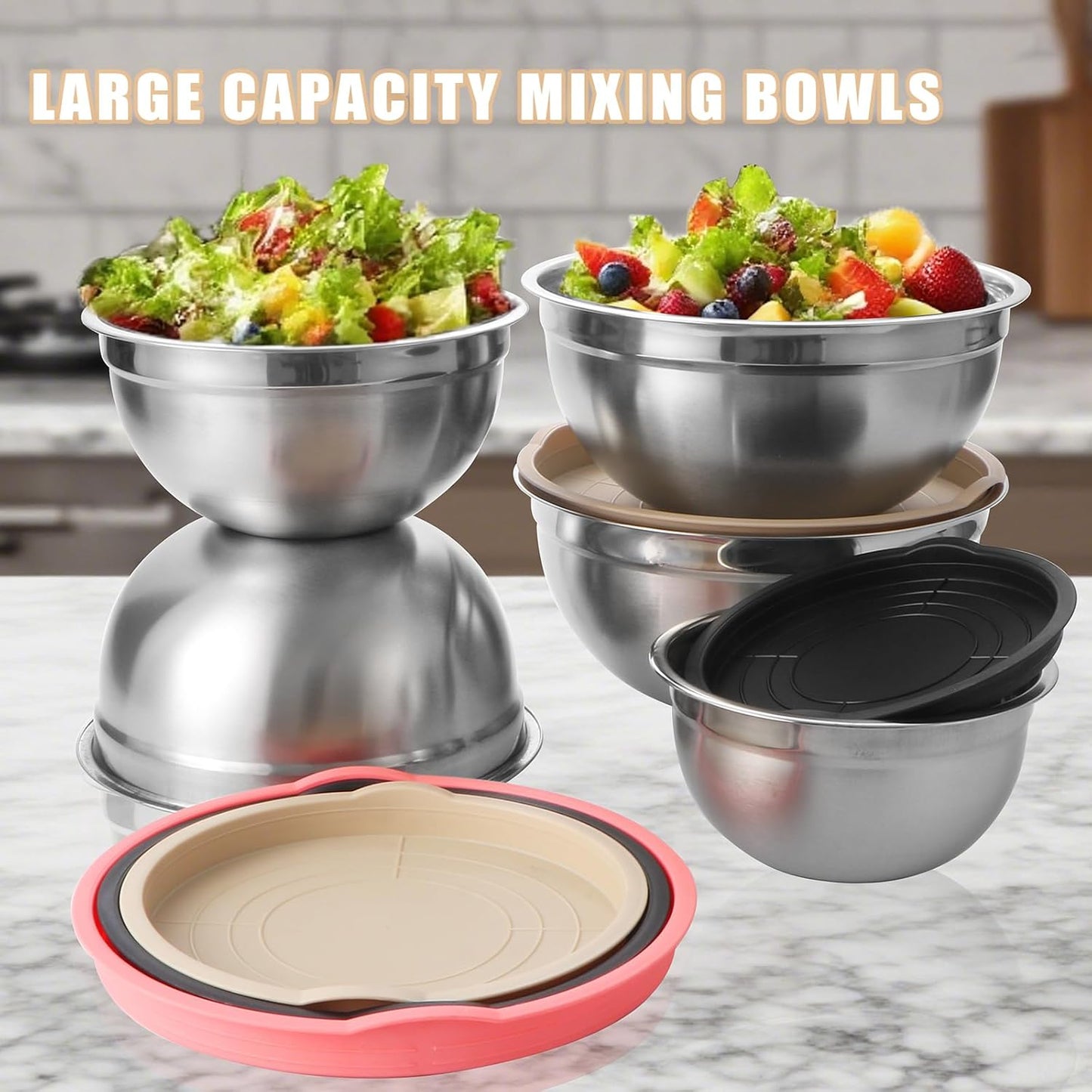Lazycorner Stainless Steel Mixing Bowls with Airtight Lids Set of 7 Stainless Steel Bowls Set with 3 Grater Attachments Great for Serving & Baking