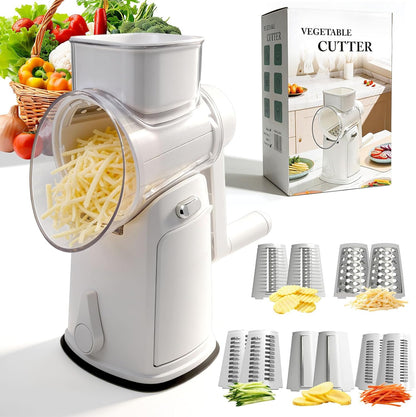 Cheese Grater Hand Crank with Integrated Storage Room, 5 Blades Cheese Grater Rotary with Handle, Potato Shredder, Kitchen Shredder for Vegetable, Fruit, Nut, Non-Slip Suction Base