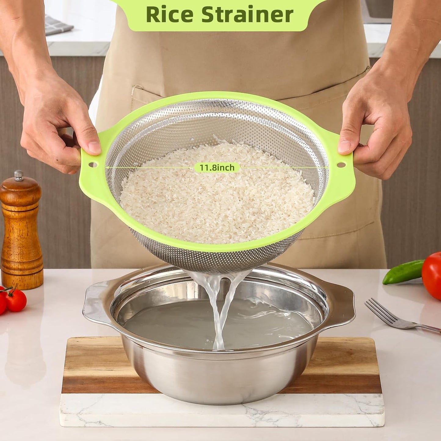 Colander Stainless Steel Microporous, 2QT Rice Strainer with Mixing Bowl, Rice Washer Bowl Set with Handle, Food-Grade Strainers and Colanders for Kitchen, Pasta, Fruit, Dishwasher Safe