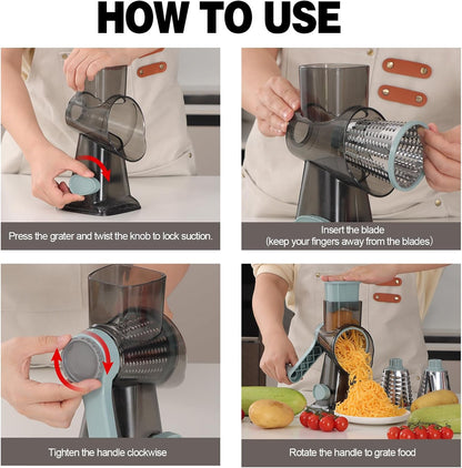 Cheese Grater Cheese Shredder with 3 Interchangeable Blades, Rotary Cheese Grater Manual Vegetable Slicer with Non-slip Suction Base Peanut Nuts Grinder Vegetable Shredder Clear