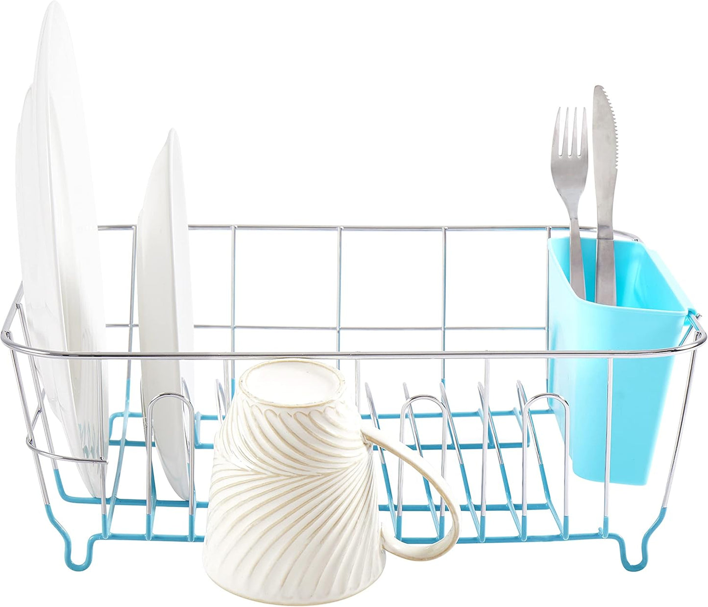Dish Drying Rack & Cutlery Holder 2 Piece Set - Compact Sink-Fitting Dish Drainer with Rubberized Undercoating, Space-Saving Kitchen Organizer for Plates, Cups, Bowls & Utensils in Sink, Silver