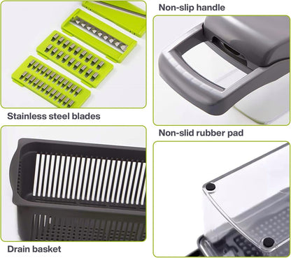 Vegetable Chopper 15-1 with Container - 8 Blades Dicer Chopper Cutter & Slicer - Draining Basket, Peeler, Egg separator, and Many More - Vegetable Chopper for Onions, Potatoes, Tomatoes