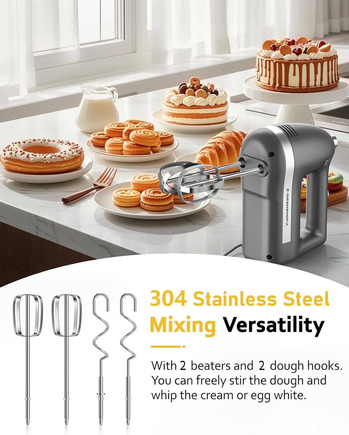 Electric Hand Mixer, Powerful 300W Hand Mixer Electric Handheld with 304 Beaters, Dough Hook,Hand Held Mixer with Turbo for Baking Cakes, Eggs, Cream Food(Black)