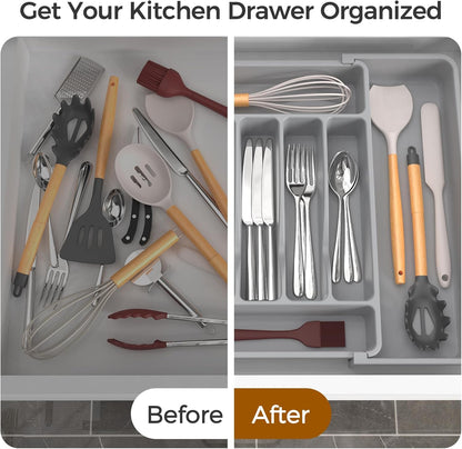 ukeetap Extra Large Expandable Silverware Organizer, BPA-Free Food-Safe Cutlery Flatware Organizer, Kitchen Utensil Drawer Organizer, Adjustable Silverware Holder for Spoons Forks Knives, Black