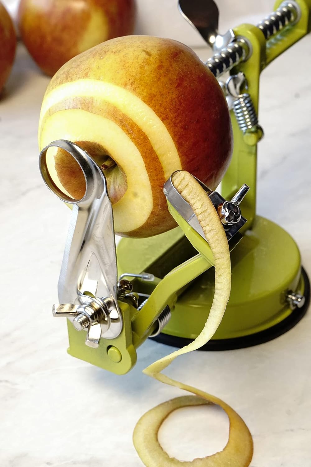 RSVP International Green Apple Slicer, Corer, & Peeler | Suctions to Countertop | Cuts Perfect .25" Slices | Durable & Strong