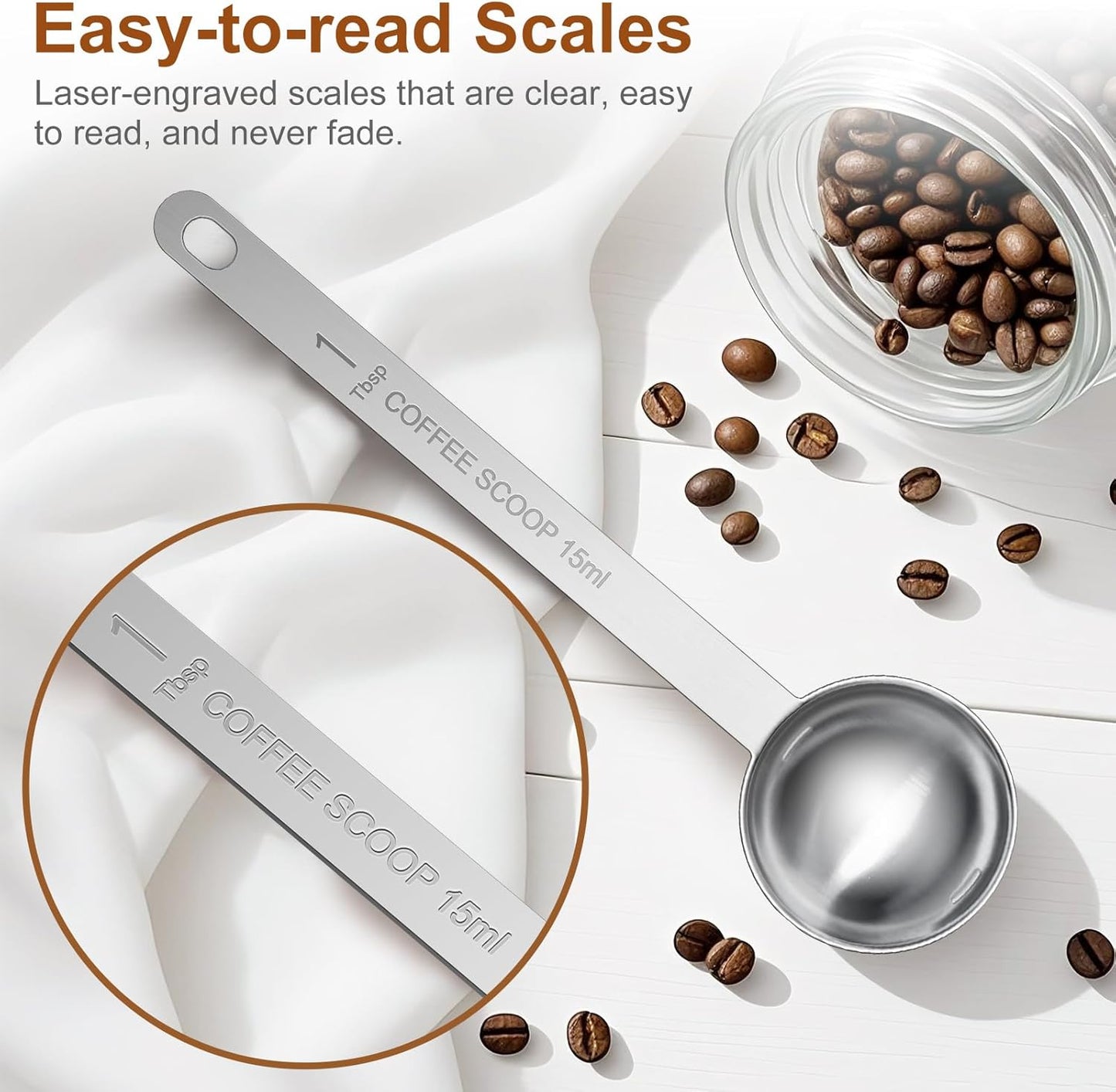 4PCS Coffee Scoop Spoons, 15ML (1 Tablespoon) Stainless Steel Measuring Spoons with Long Handle, Durable Coffee Scoopers for Ground Coffee, Tea and Baking Powder