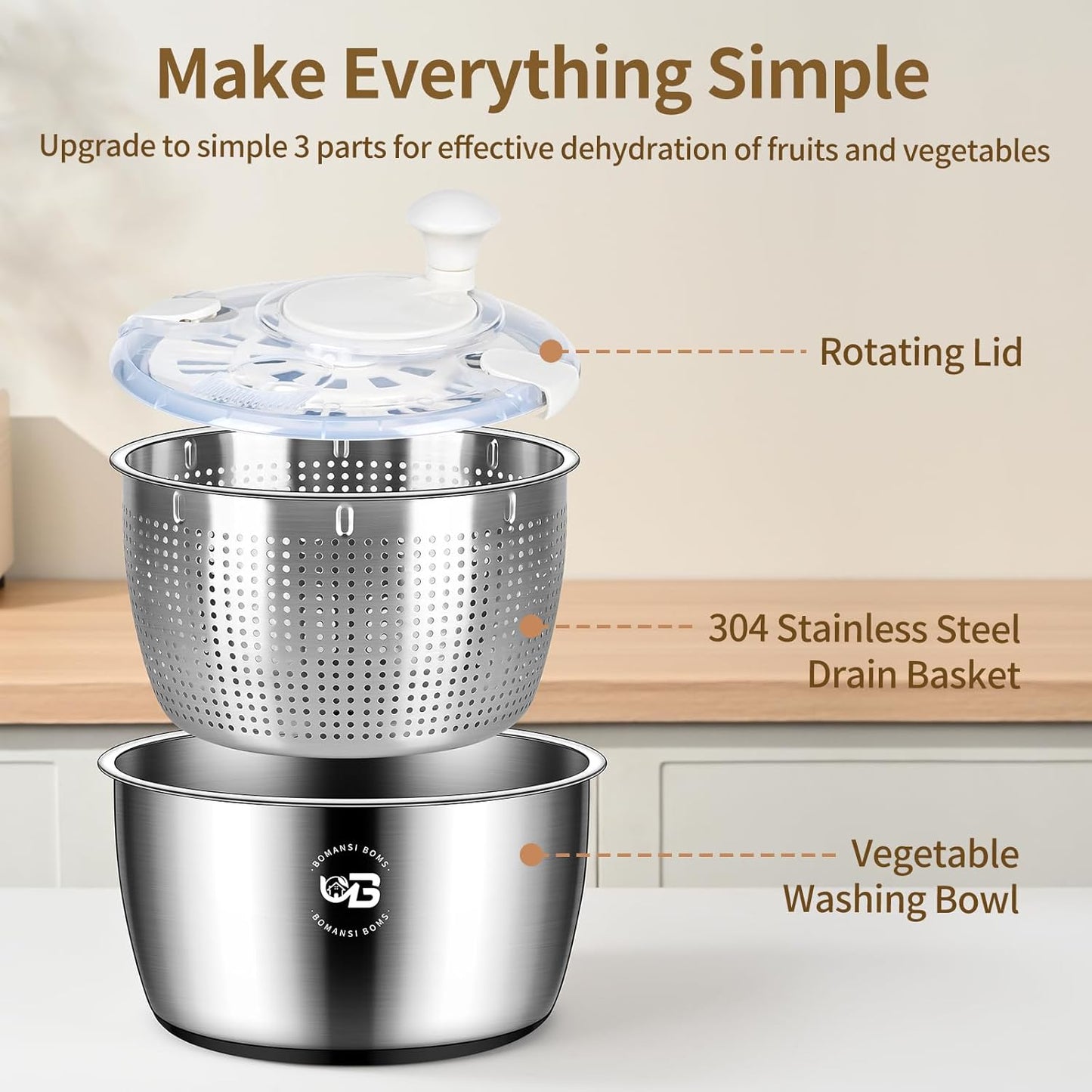 5.3 Qt Stainless Steel Salad Spinner, BOMANSI BOMS Large Salad Spinners Vegetable Spinner, Lettuce Spinner, Fruit Washer, Dishwasher Safe, 304 Stainless Steel Bowl & Basket, Beige