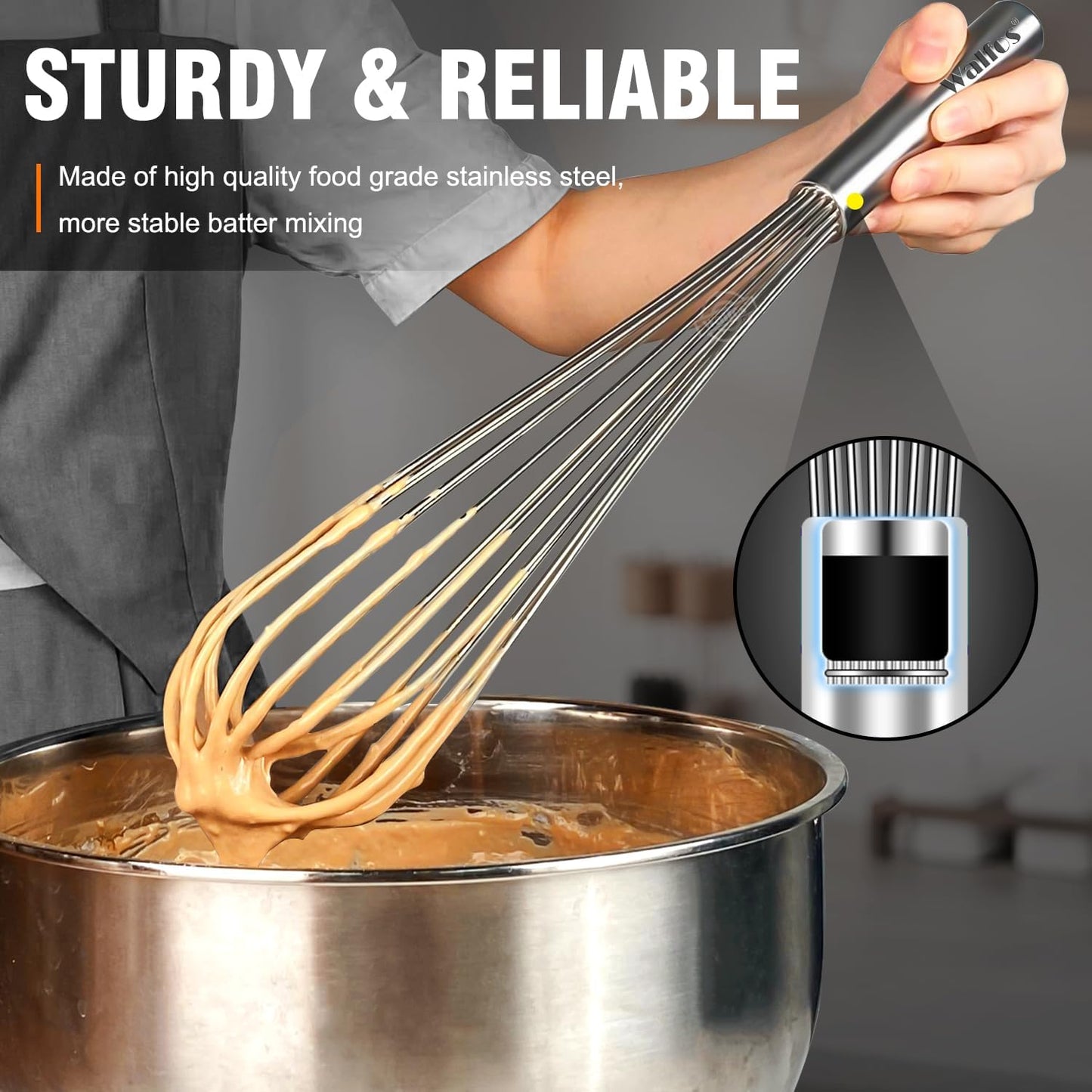 Walfos Whisk,304 Stainless Steel whisk,No-Rust 7+9+11inch Whisks for cooking Nice for Blending,Whisking,Beating.Heat resistant 600°F Dishwasher Safe. Heavy duty kitchen whisk.17.7+22.8+27.9cm -SILVER