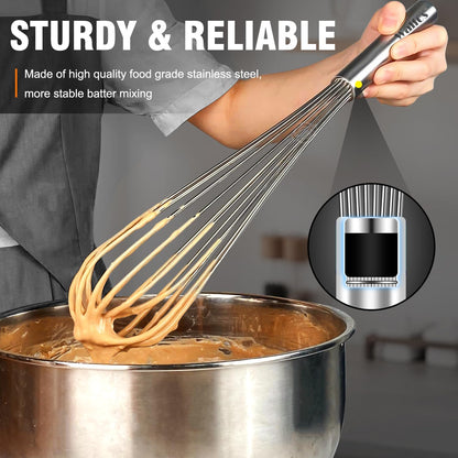 Walfos Whisk,304 Stainless Steel whisk,No-Rust 7+9+11inch Whisks for cooking Nice for Blending,Whisking,Beating.Heat resistant 600°F Dishwasher Safe. Heavy duty kitchen whisk.17.7+22.8+27.9cm -SILVER