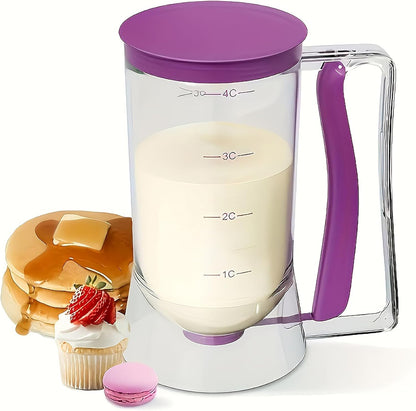 Pancake Batter Dispenser 4-Cup Batter Dispenser with Squeeze Handle & Measuring Marks Kitchen Must Have Tool for Pancakes, Cupcake, Waffle, Muffin Mix, Cake & Crepe,Baking Tool