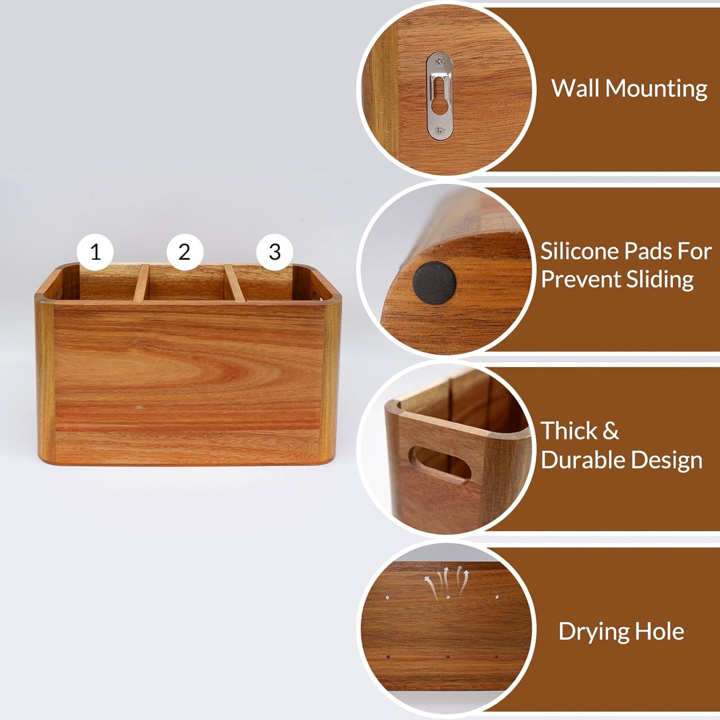 Wooden Kitchen Utensil Holder Organizer for Counter or Countertop, Large Wooden Utensil Holder for Storage Cooking and Silverware with 4 Compartment, Acacia Rustic Wood Container Extra Large