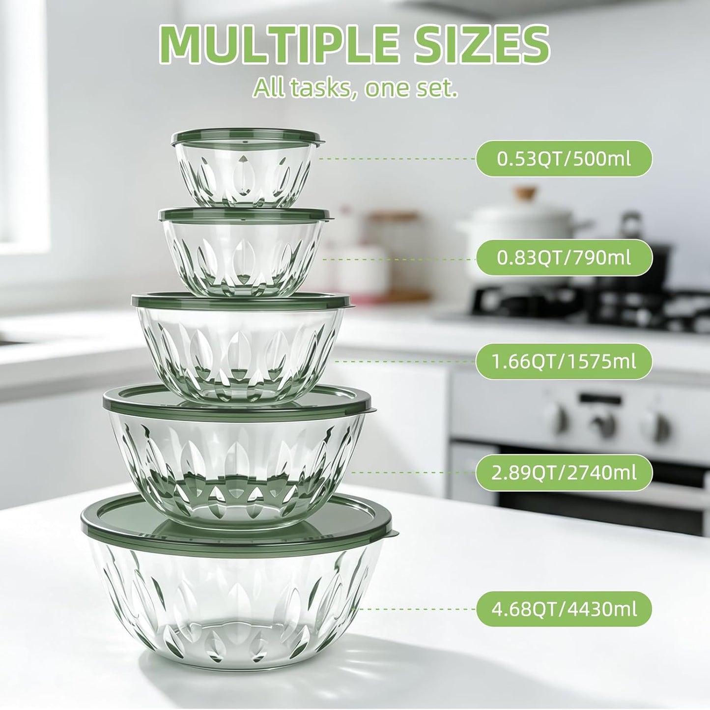 Luvan Glass Mixing Bowls with Lids Set(4.5QT, 2.7QT, 1.1QT)-Large Glass Mixing Bowls, Clear Salad Bowl for Baking, Cooking, Serving, Food Prep, 3PC Nesting Bowls for Kitchen Storage & Dishwasher Safe