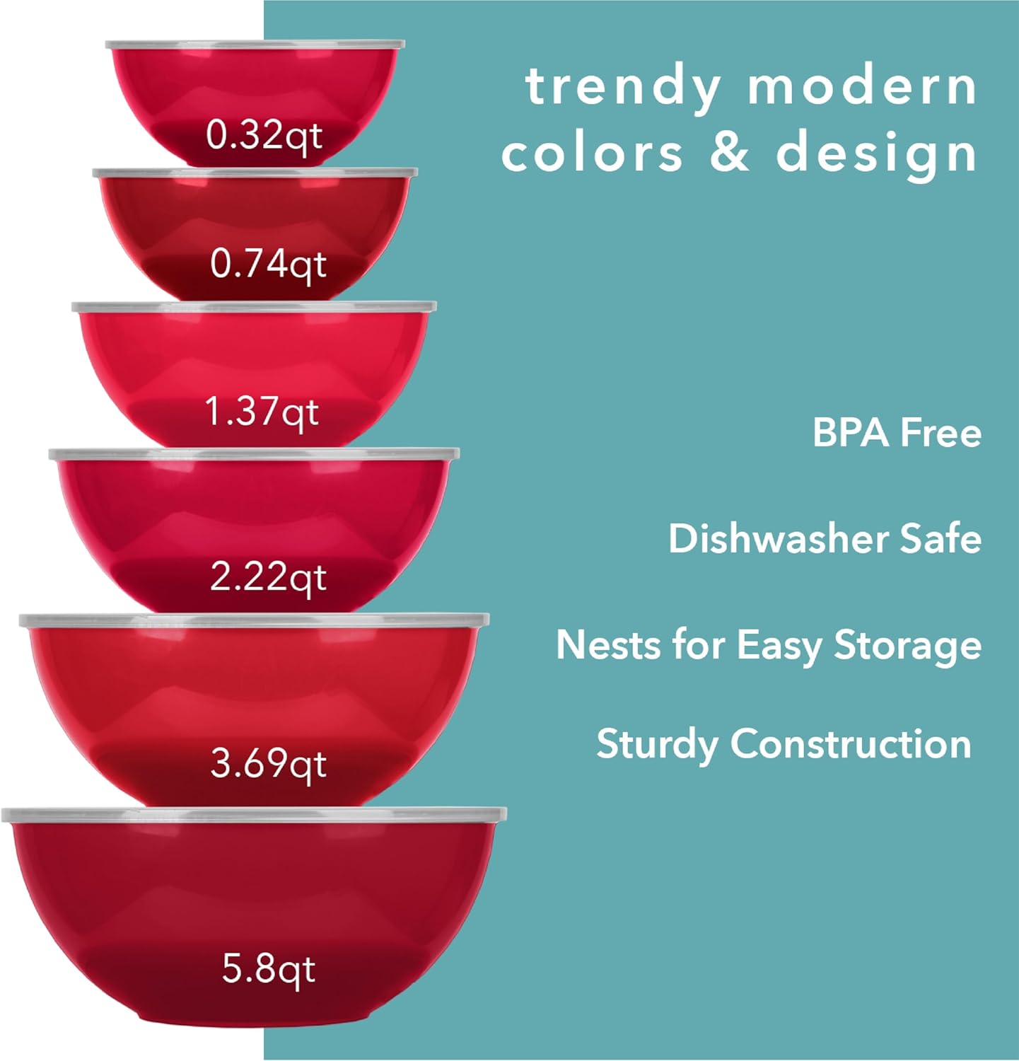 edge Plastic Mixing Bowls 12 Piece Nesting Set 6 Prep Bowls and 6 Lids, for Baking, Cooking and Storing, Tonal Red