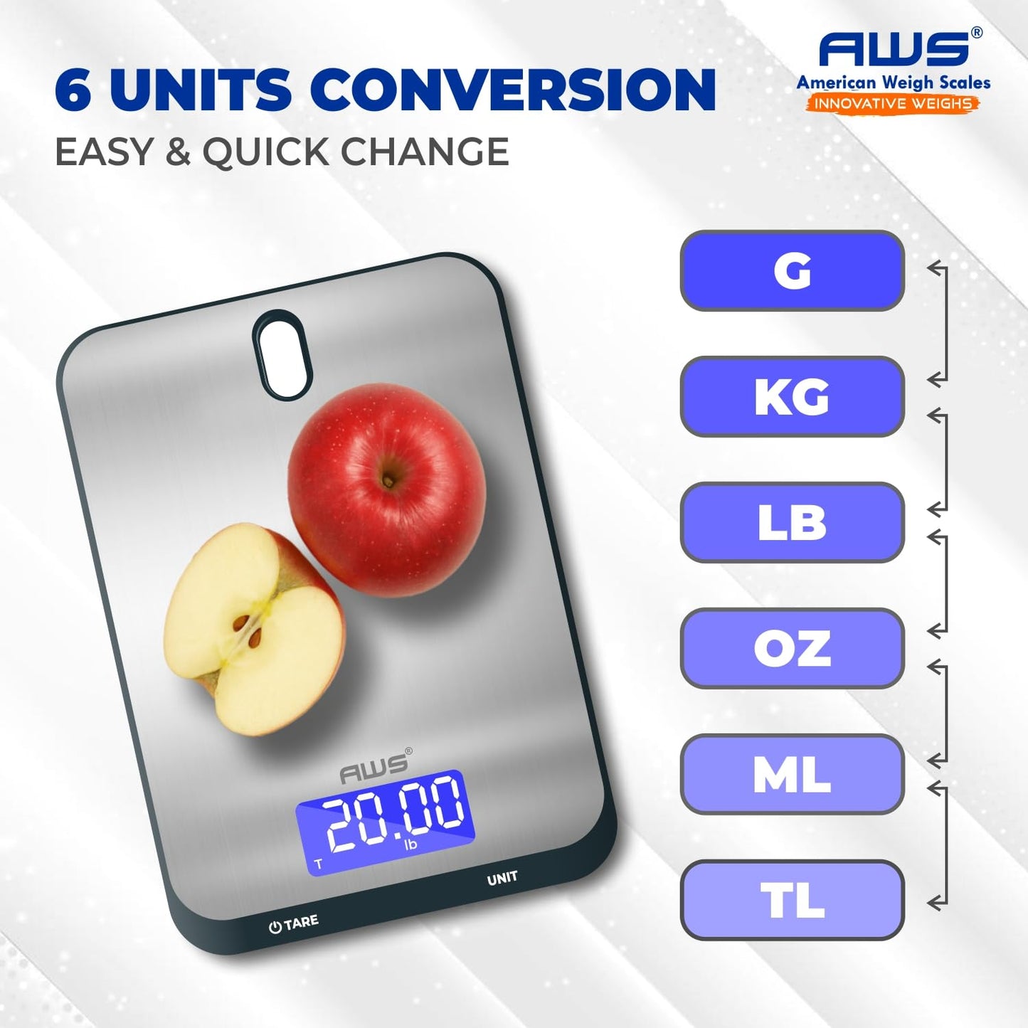 AWS Culinarian Digital Kitchen Cooking Baking Food Scale 22lb x 0.1oz | Stainless Steel with Tare, Touch Buttons, Water-Resistant Surface | Milk/Water mL Mode, Thin Design & Backlit Display