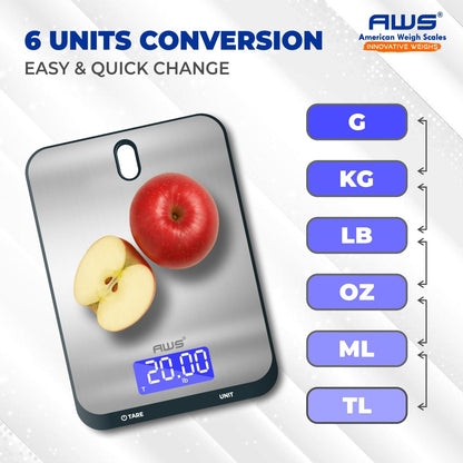AWS Culinarian Digital Kitchen Cooking Baking Food Scale 22lb x 0.1oz | Stainless Steel with Tare, Touch Buttons, Water-Resistant Surface | Milk/Water mL Mode, Thin Design & Backlit Display
