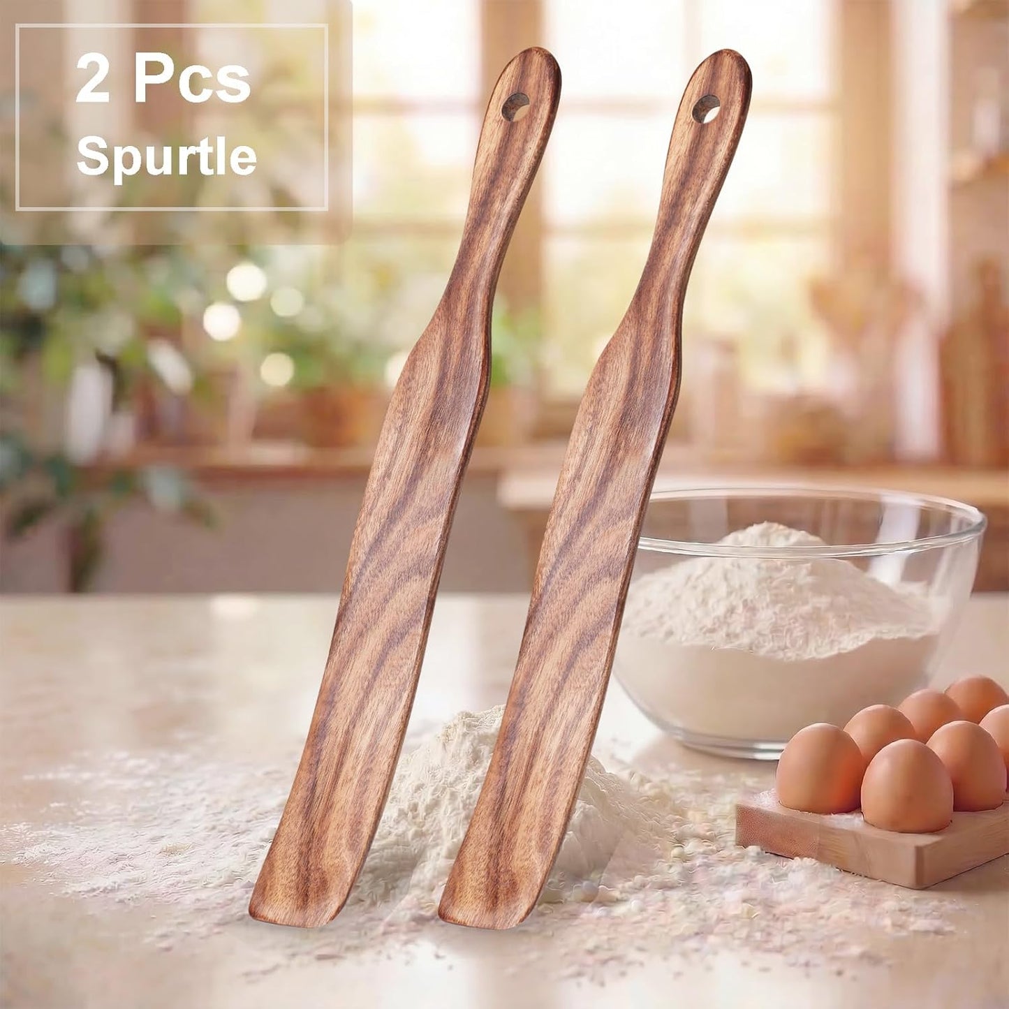 2 Pcs Solid Wood Spurtles, Thin Acacia Wood Stirrer for Sourdough Starter Jar Bottom, Long Handle Non-Scratch Heat Resistant Baking Utensils, Gift for Bakers