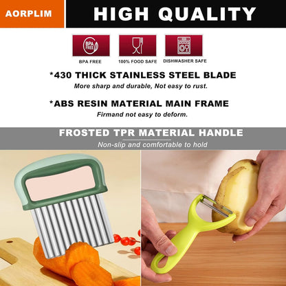 Crinkle Cutter and Potato Cutter 2 PCS, Wave Slicer Dicer Fry Cutter with Stainless Steel Blade Food-safe for Veggies, Handheld Vegetable Chopper, Salad Garnishing Tool, DishwasherSafe
