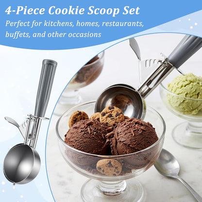 4 oz Ice Cream Scoop with Trigger, 4 Pcs Portion Scoop, Stainless Steel Large Cookie Scoops for Portion Control, Baking Food, Cookie Dough, Cupcake Batter
