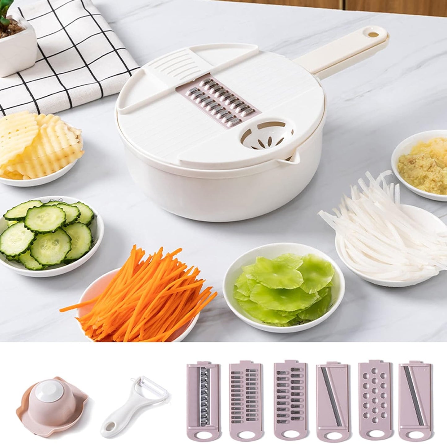 Fdit Multi Vegetable Cutter, 12 in 1 Manual Food Chopper with Hand Guard, Stainless Steel Blades, White, Kitchen Slicing Tool