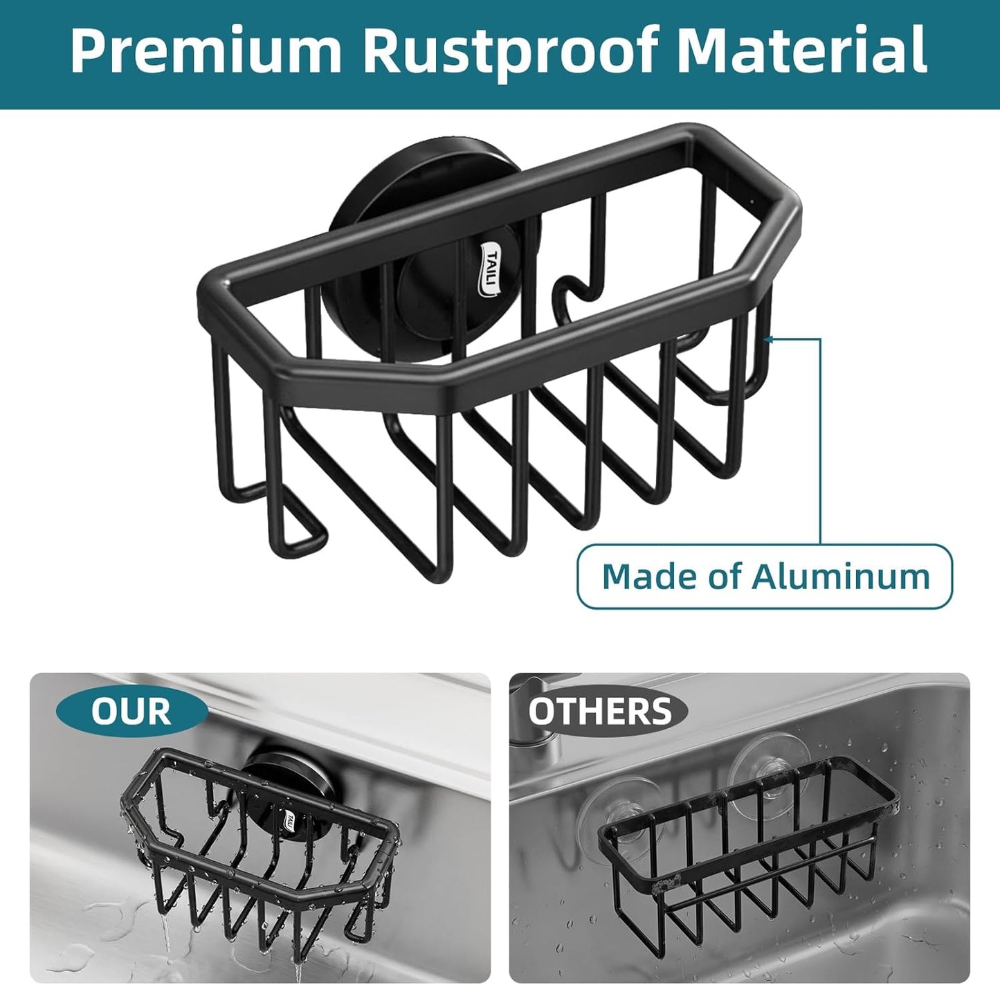 TAILI 4-in-1 Sink Caddy with Strong Suction Cup, Sponge Holder for Kitchen Sink Organizer, Removable, Rustproof, Stainless Steel Holder for Sponge, Brush, Scrubber, Scraper - Silver