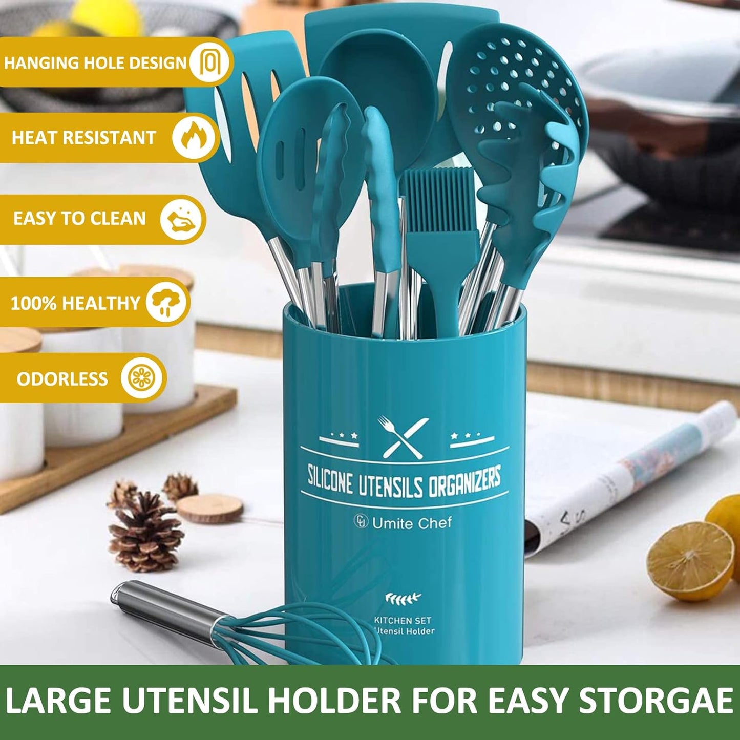 Silicone Cooking Utensil Set, Umite Chef 15pcs Silicone Cooking Kitchen Utensils Set, Non-stick - Best Kitchen Cookware with Stainless Steel Handle - Black Kitchen Utensils