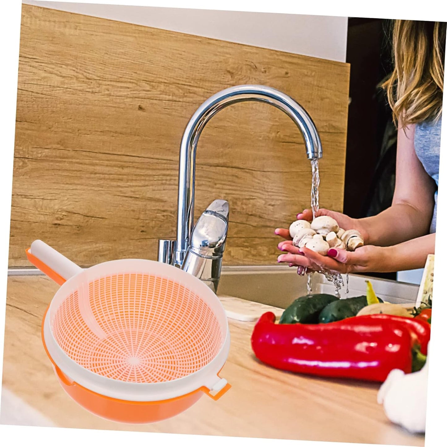 BESTOYARD Vegetable Wash Basket Double Layer Kitchen Colander Bowl 13.38 Inch with Handle for Draining Fruits Salad Pasta Efficient Drainage