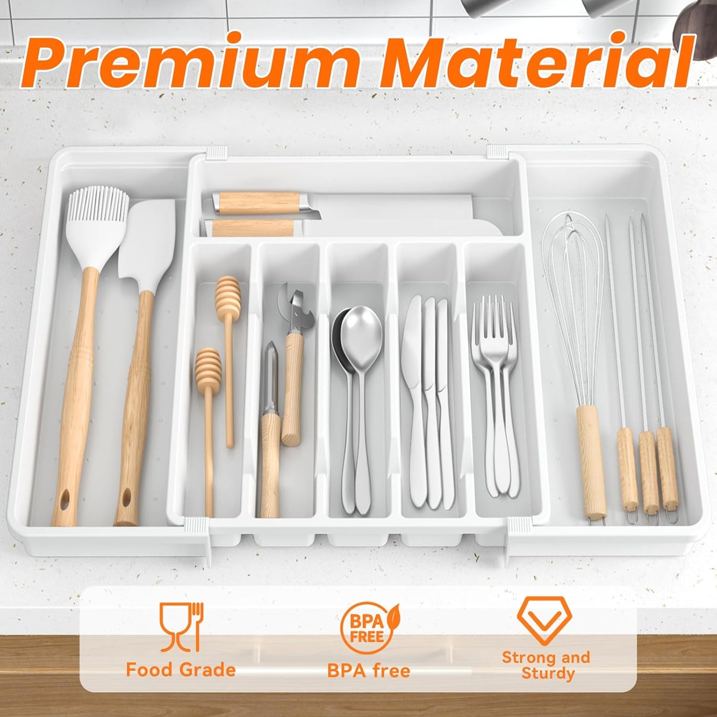 RoomHacks Large Silverware Organizer,Expandable Utensil Drawer Organizer,BPA Free Utensil Holder,Adjustable Silverware Tray Cutlery Drawer Organizer for Kitchen Flatware,Large,Black (6-8 Slots)
