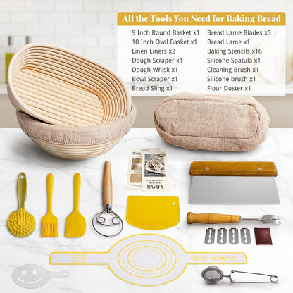 Sourdough Starter Kit, Banneton Bread Proofing Baskets Set, Sourdough Bread Baking Supplies Making Tools with Dough Scraper, Whisk, Bread Lame, Recipe