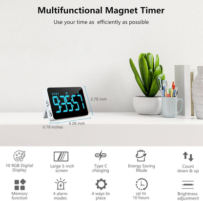 Rechargeable Digital Kitchen Timer for Cooking, Magnetic Timers with Countdown/up, Kids Timer with 5”LED Display 3 Brightness 4 Volume Adjustable for Classroom/Office/Home/Work/Study/Fitness/Game