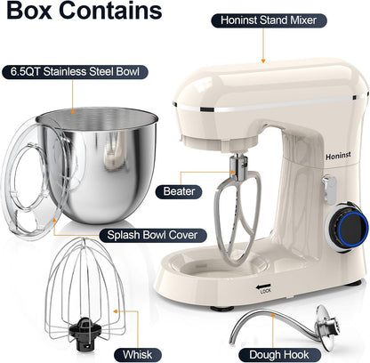Honinst Stand Mixer, 6.5QT 10-Speed Tilt-Head Electric Stand Mixer, 3-In-1 Kitchen Mixer with Bowl, Dough Hook, Whisk and Beater, Food Mixer for Baking, Cake and Most Home Cooks, Black