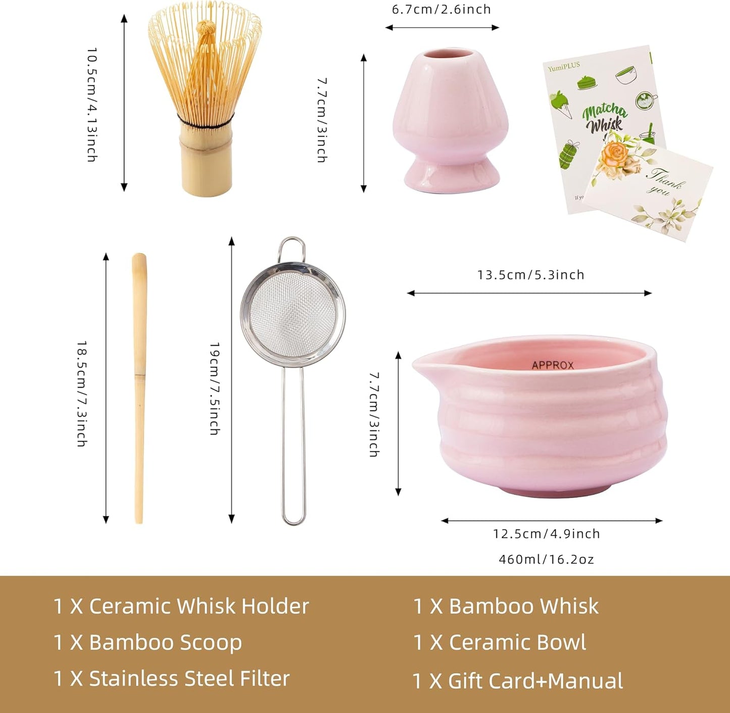 5pcs Premium Matcha Set,Ceramic Bowl with Spout and Bamboo Whisk set, Ceremonical Matcha Kit for breakfast/latte,Tea Starter Making Kit,Unique Matcha Gift set (pink love)