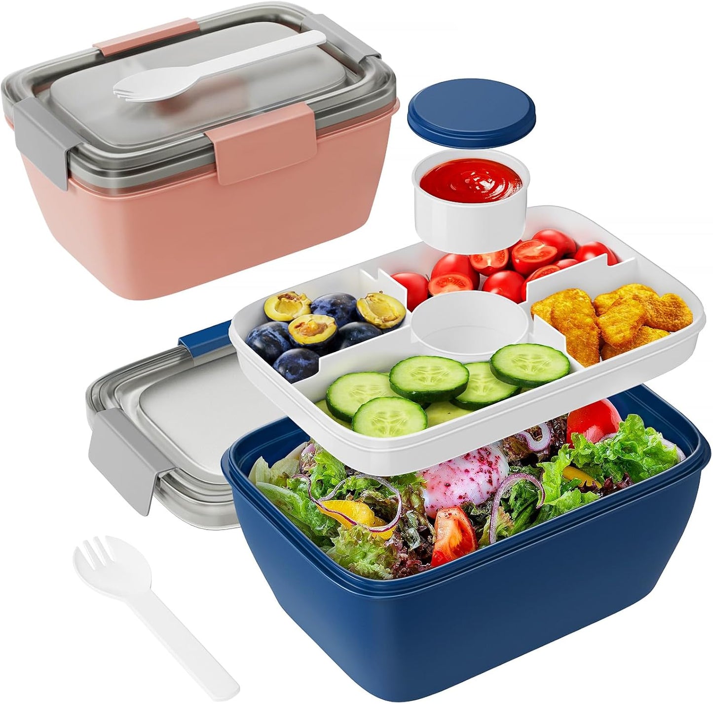 Freshmage Large Salad Container for Lunch, 2 Packs 68oz Salad Bowls with 5 Compartments, Salad Dressings Container for Salad Toppings, Snacks, Men, Women (Pink+Blue)