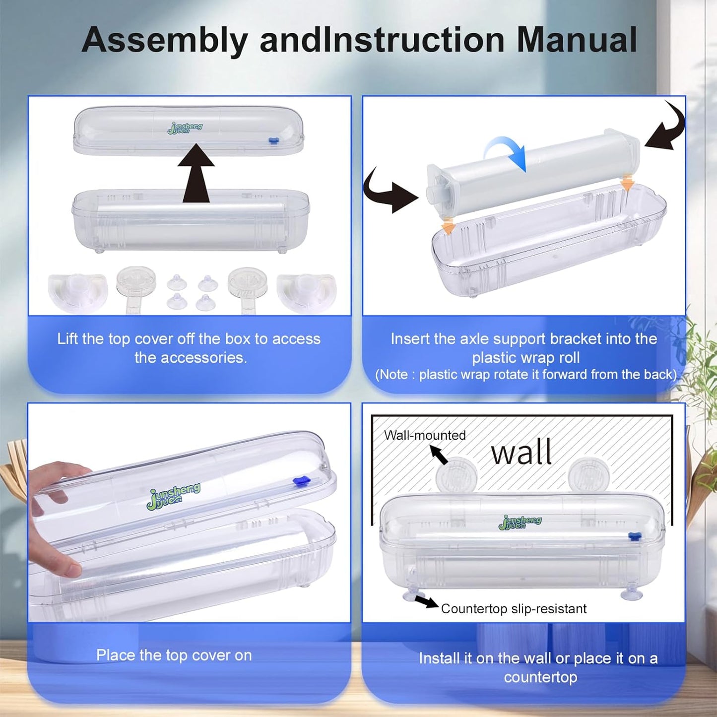 Refillable Plastic Wrap Dispenser with Slide Cutter Food Preservation Storage Set Reusable Dispenser - Nail-Free Wall Mounting/Countertop Use Cutting Box