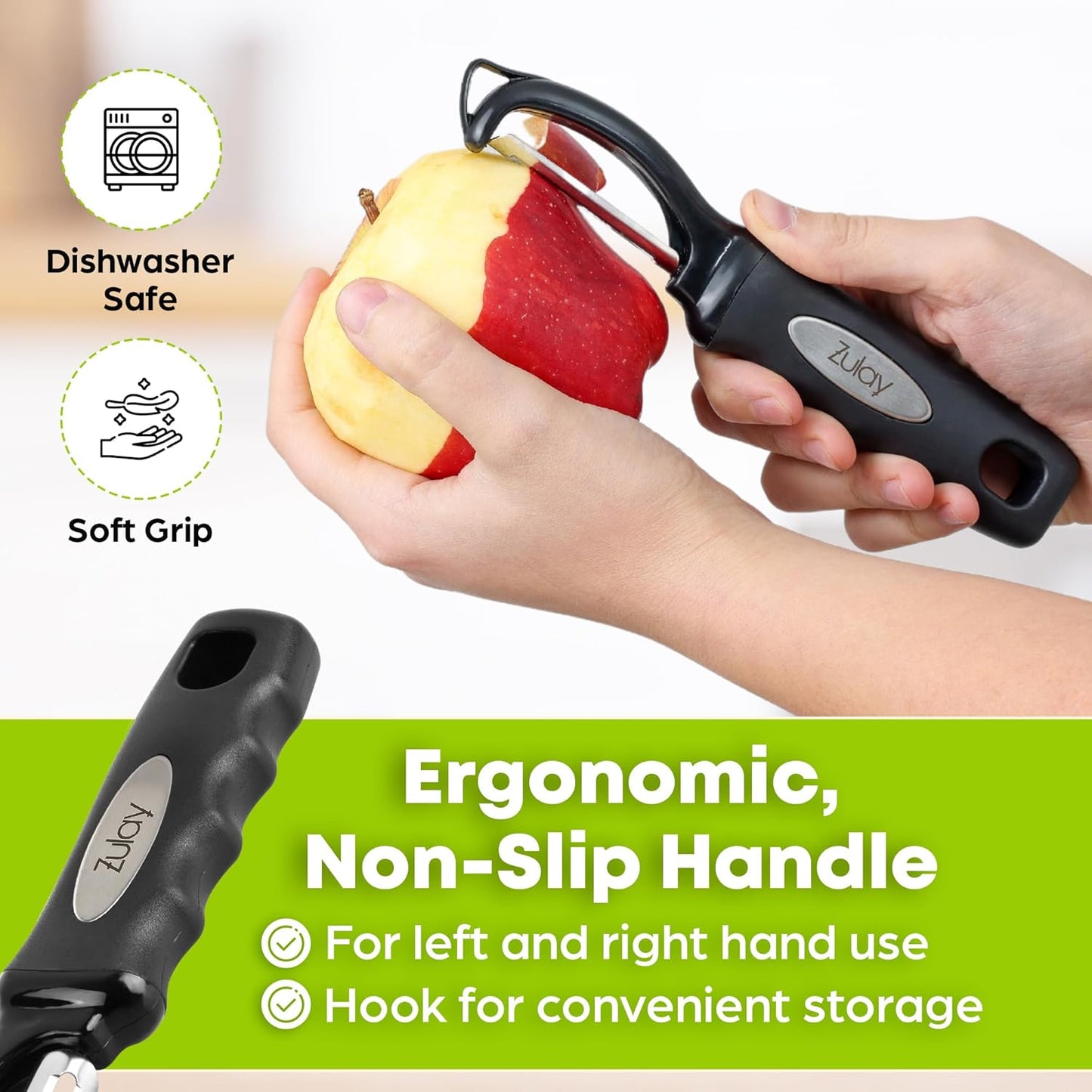 Zulay Kitchen Premium Vegetable Peeler for Kitchen - Swivel Peeler with Razor Sharp Stainless Steel Blades & Strong Ergonomic Handle - Dishwasher Safe, Easy To Use with Blemish Remover - Black